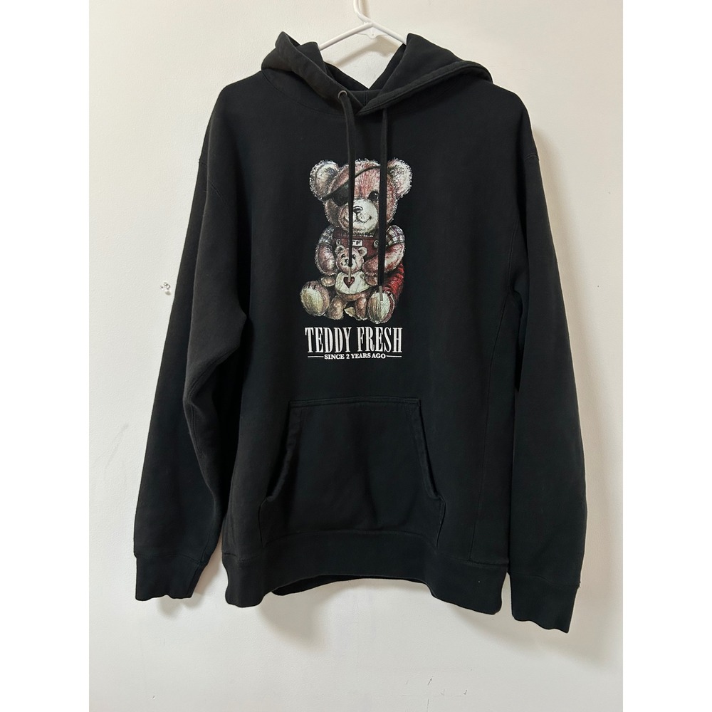 Teddy Fresh Eye Patch Bear Graphic Hoodie Men Large Black Streetwear Sweatshirt